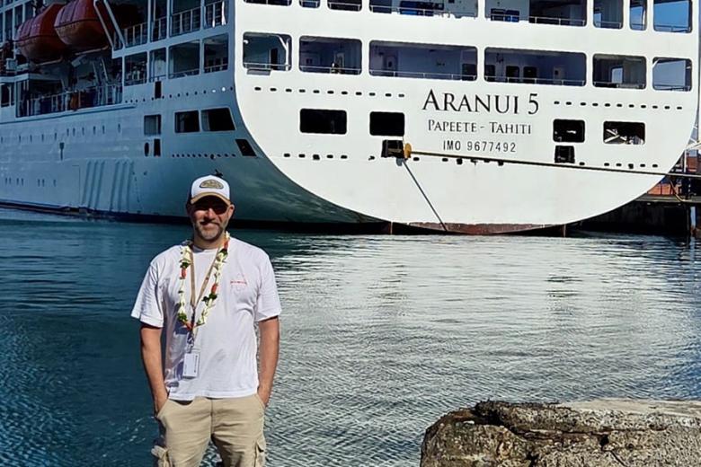 Jim boarding the iconic Aranui in French Polynesia | Travel Nation