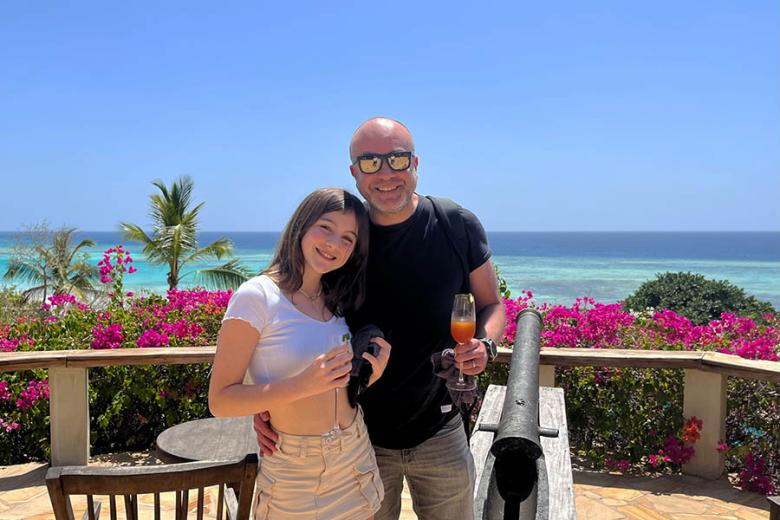 Jonny and his daughter at the Manta Resort Island | Photo credit: Manta Resort Pemba