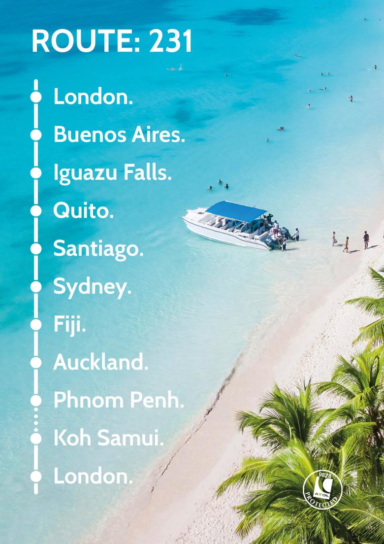 Travel Nation Flight Route 231 | London - Buenos Aires - Iguazu Falls - Quito - Santiago - Sydney - Fiji - Auckland - Phnom Penh - Koh Samui - London 