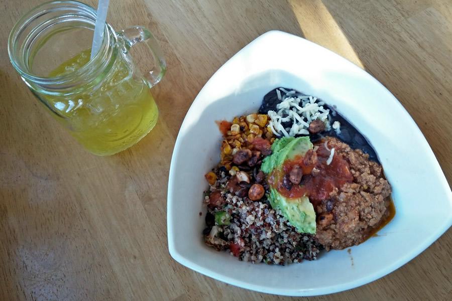 Coconut & ginger green tea with a protein bowl